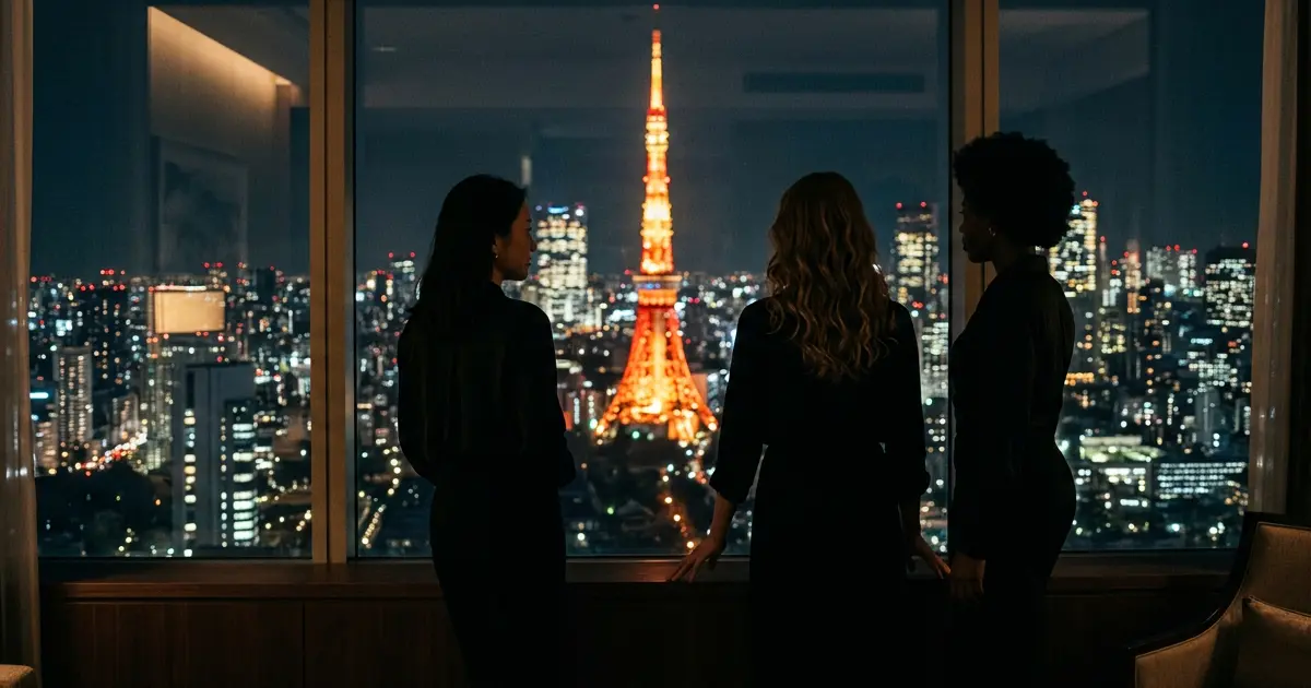 Silhouettes of a group of women against the Tokyo night view