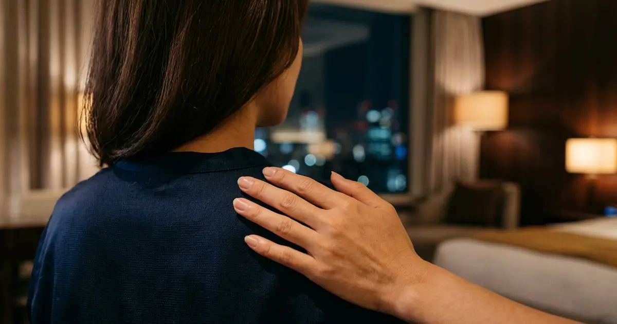A reassuring hand resting gently on a woman’s shoulder