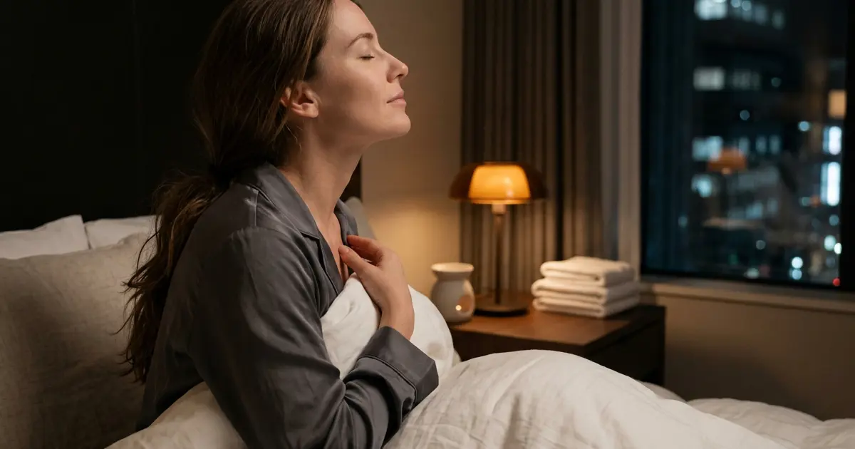 Woman breathing deeply with her eyes closed in soft morning light