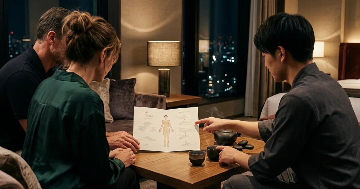 Therapist explaining the couples session flow over tea in a hotel room