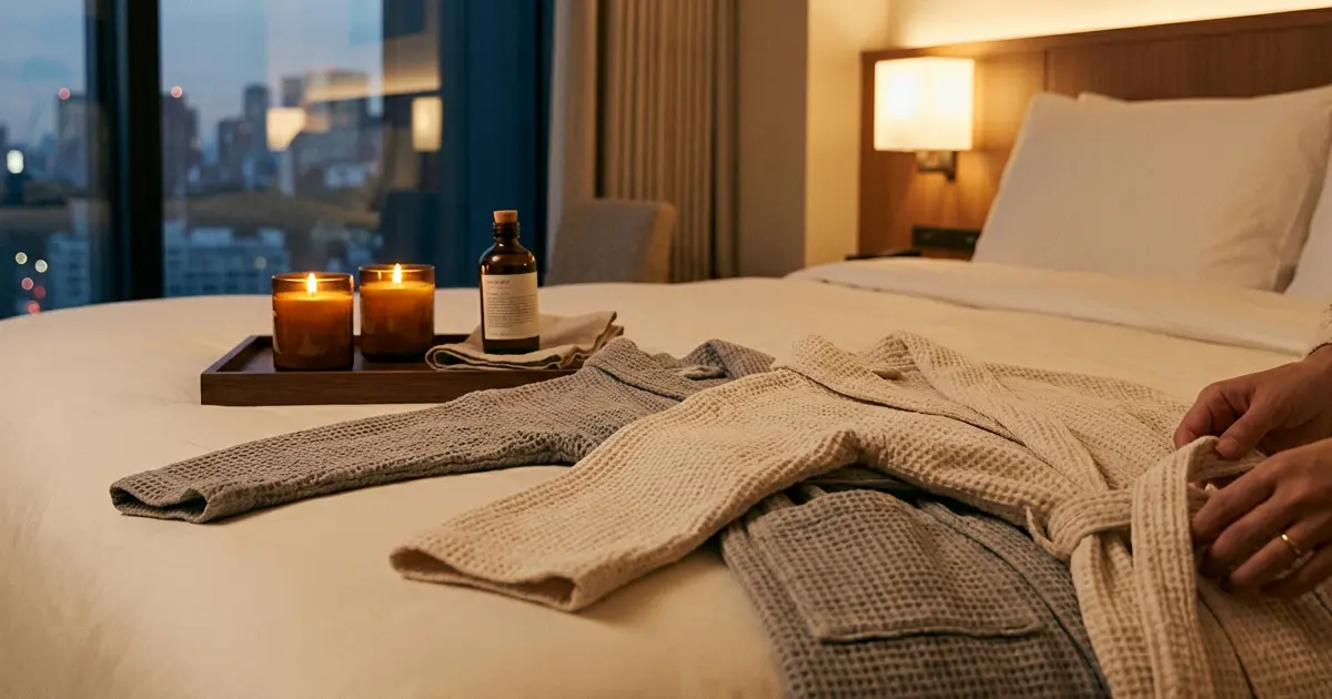 Candles, massage oil and two bathrobes prepared for a couples session
