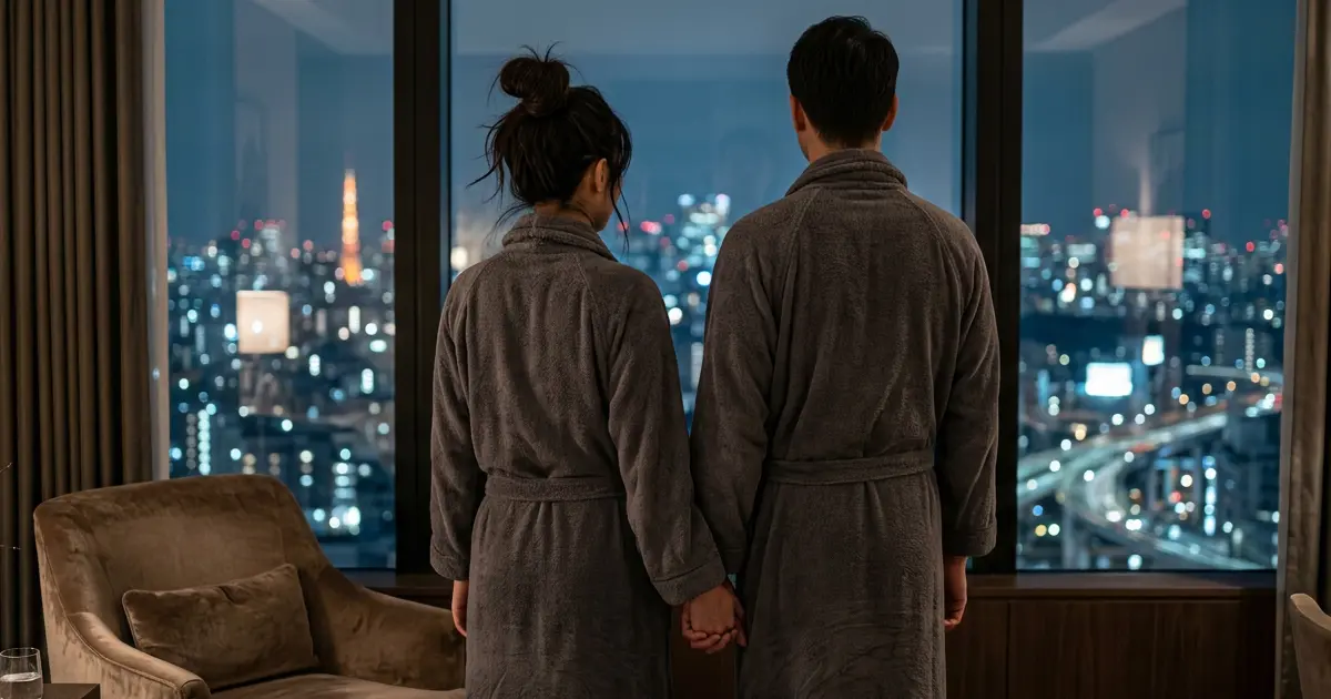 Couple holding hands while looking out at the Tokyo night skyline