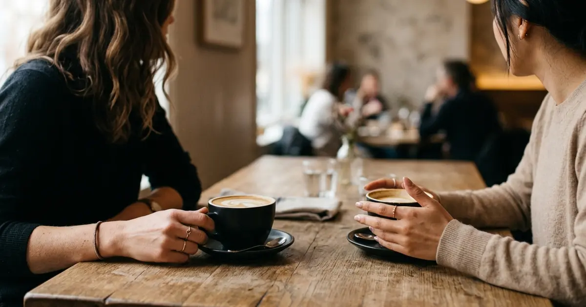 Two friends talking honestly over coffee at a cafe