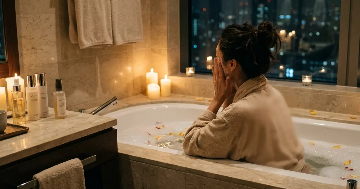 Self-care evening with a candlelit bath