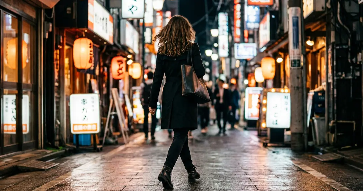 Woman walking confidently through Tokyo at night