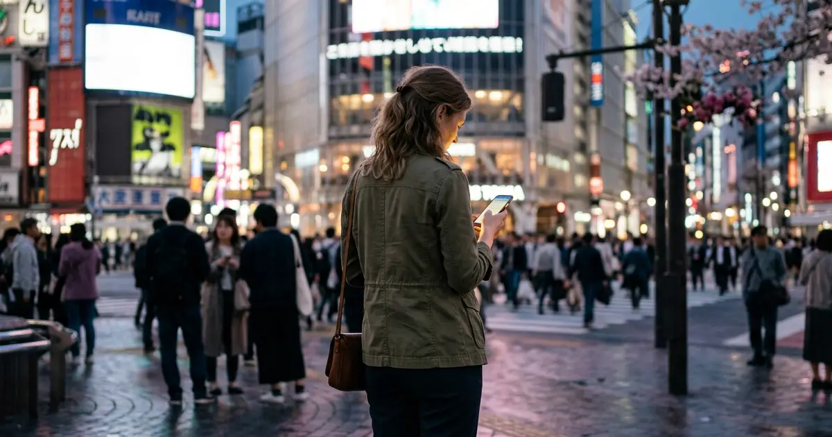 Foreign woman checking her phone at a Tokyo crossing at night
