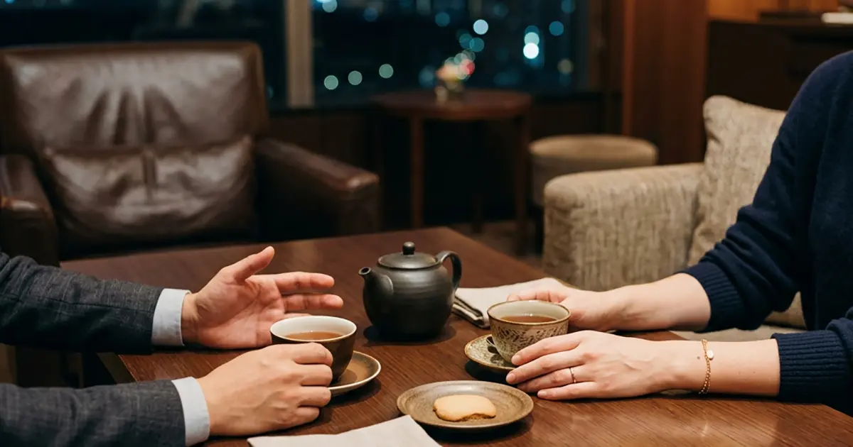 Pre-session counseling over tea in a calm hotel room