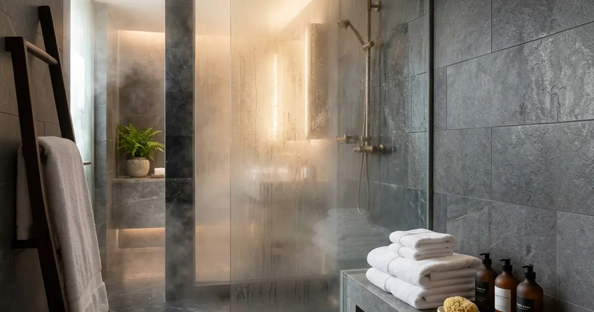 Clean, steamy shower room with white towels