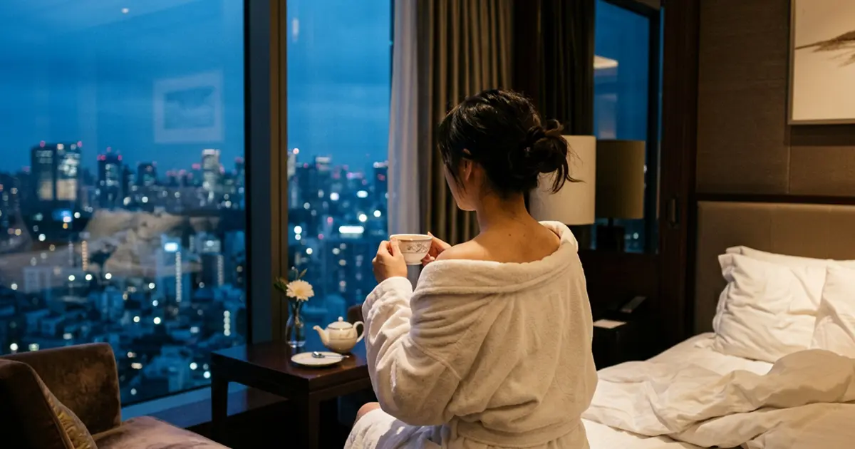 Woman in a white gown enjoying tea by the window after a session