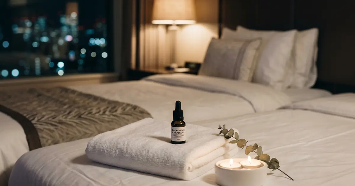 Folded white towels and aroma oil on a hotel bed in soft light