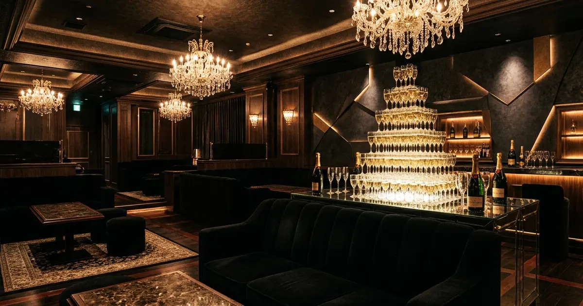 Host club interior with dark sofas and a champagne tower