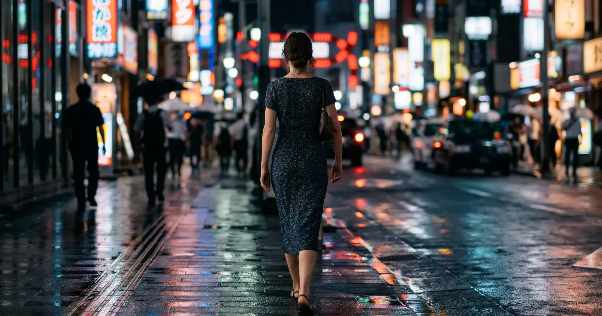 Woman walking through neon-lit Tokyo streets at night