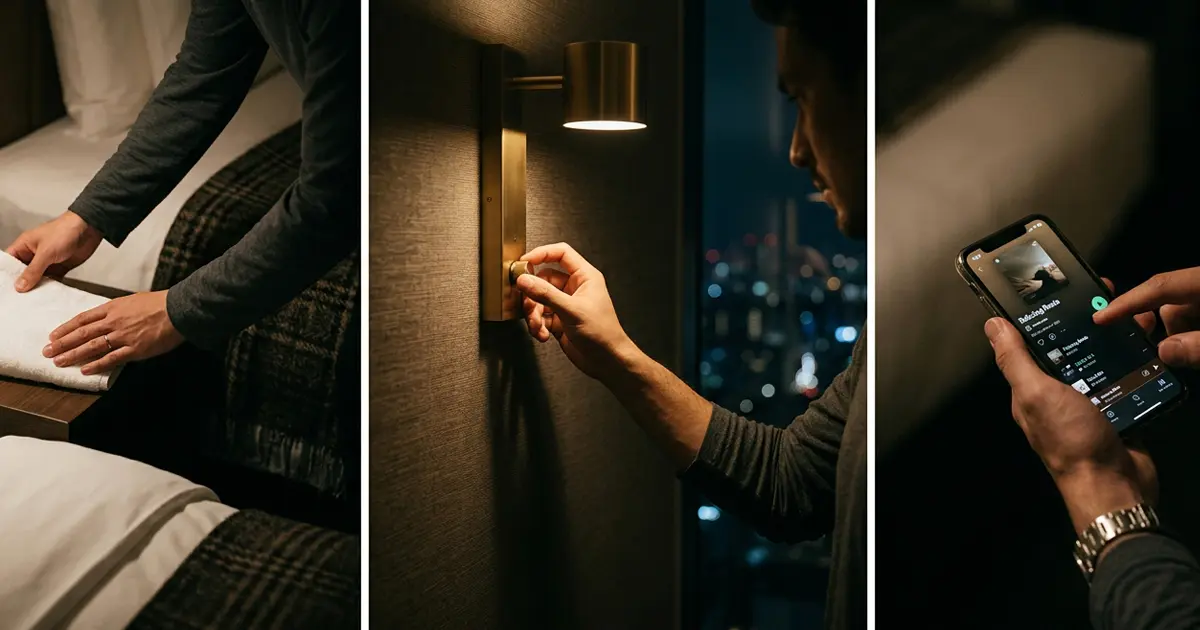 Preparing the bedroom with towels and soft lighting
