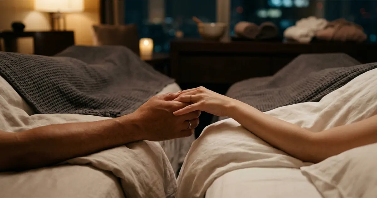 Couple’s hands intertwined after a massage
