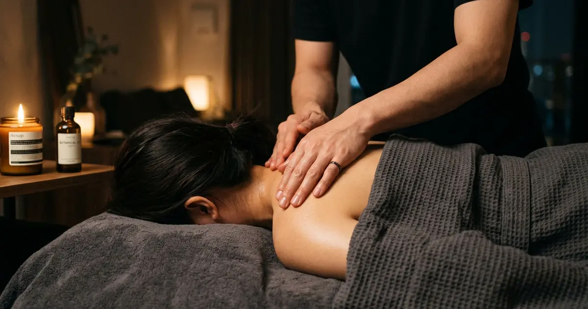 Candles, oil and a hand resting gently on a back