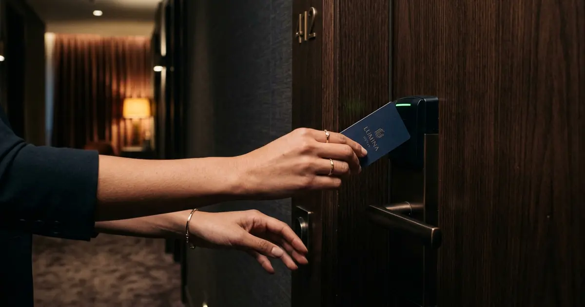 Woman opening her hotel room door with a key card