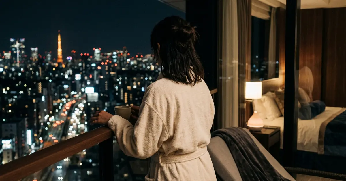 Woman in a bathrobe relaxing by the window after an in-room massage