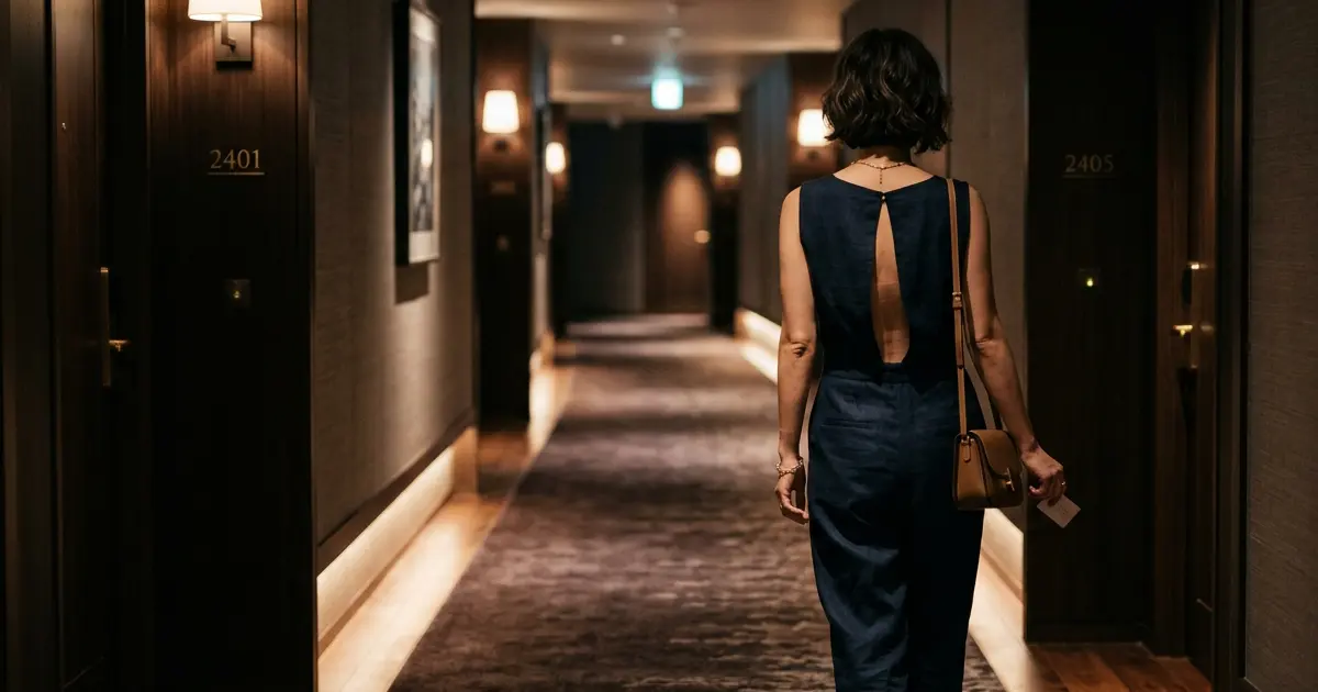 Quiet, softly lit hotel corridor