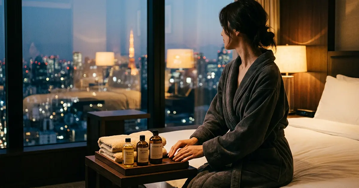 Massage towels and oils set up in a Tokyo hotel room with a city view