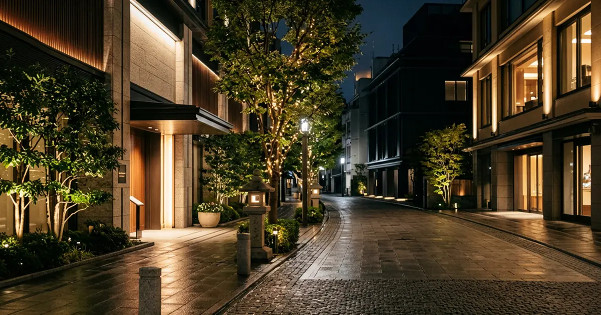 Elegant Tokyo hotel street at night with warm lights