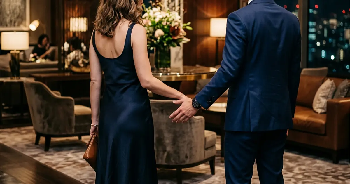 A man in a suit offering his hand to a woman in an upscale hotel lobby