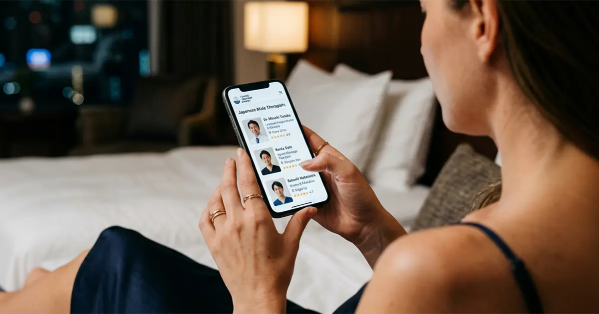 Woman browsing therapist profiles on her phone