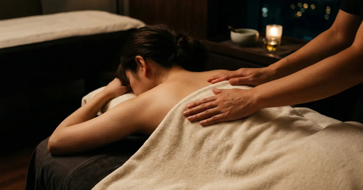 A therapist’s hand resting gently on a woman’s back over a towel