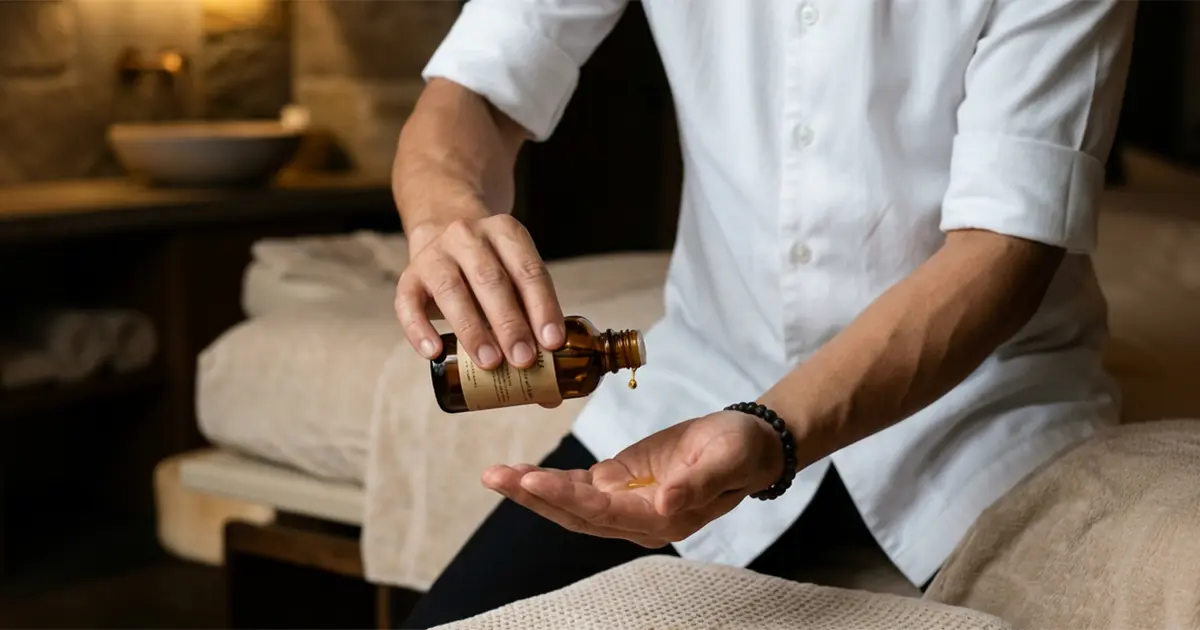 A male therapist’s hands with massage oil and a folded towel