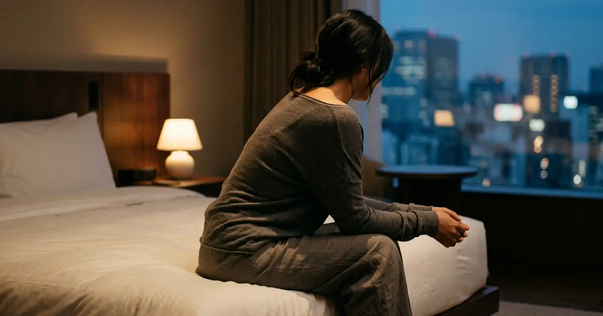 Woman sitting on the edge of the bed in thought