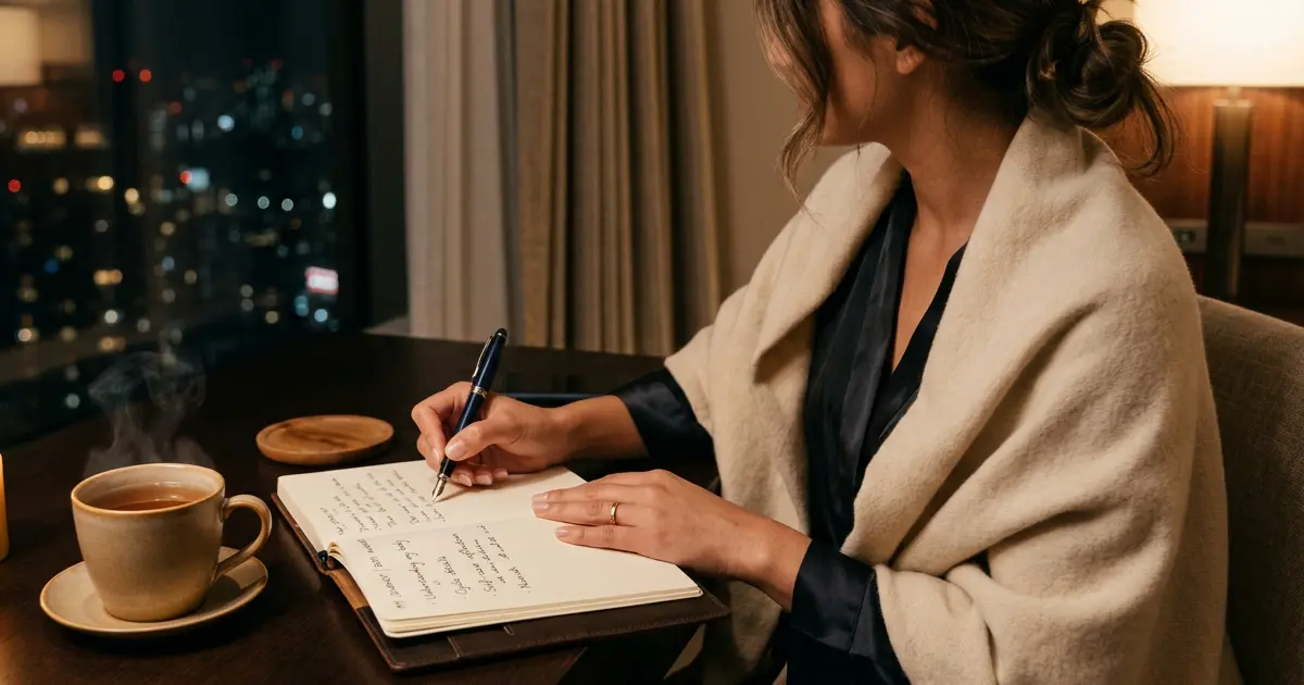 Writing in a journal beside a warm cup of tea