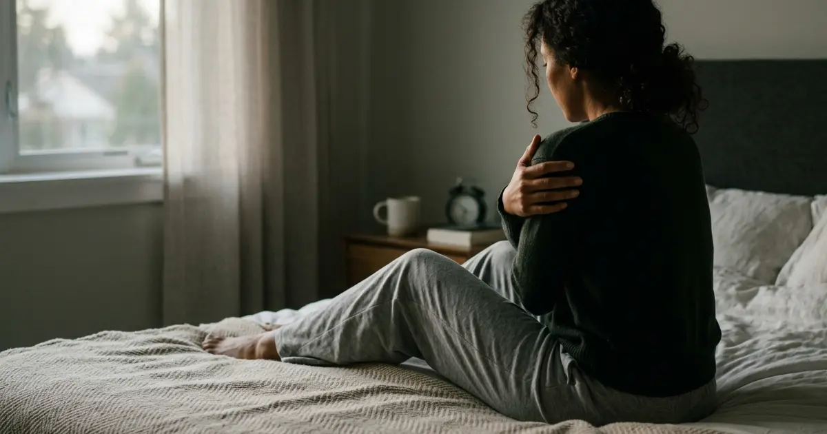Woman hugging herself in soft morning light