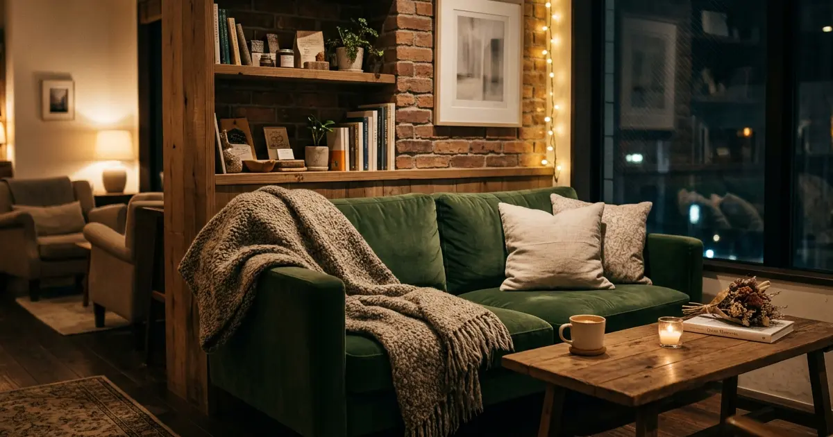 Cozy cafe corner with a warm blanket and soft lighting