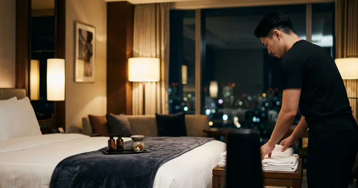 Massage towels and oil set up in a Tokyo hotel room