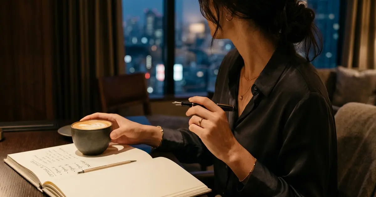 Woman making notes over coffee while weighing her options