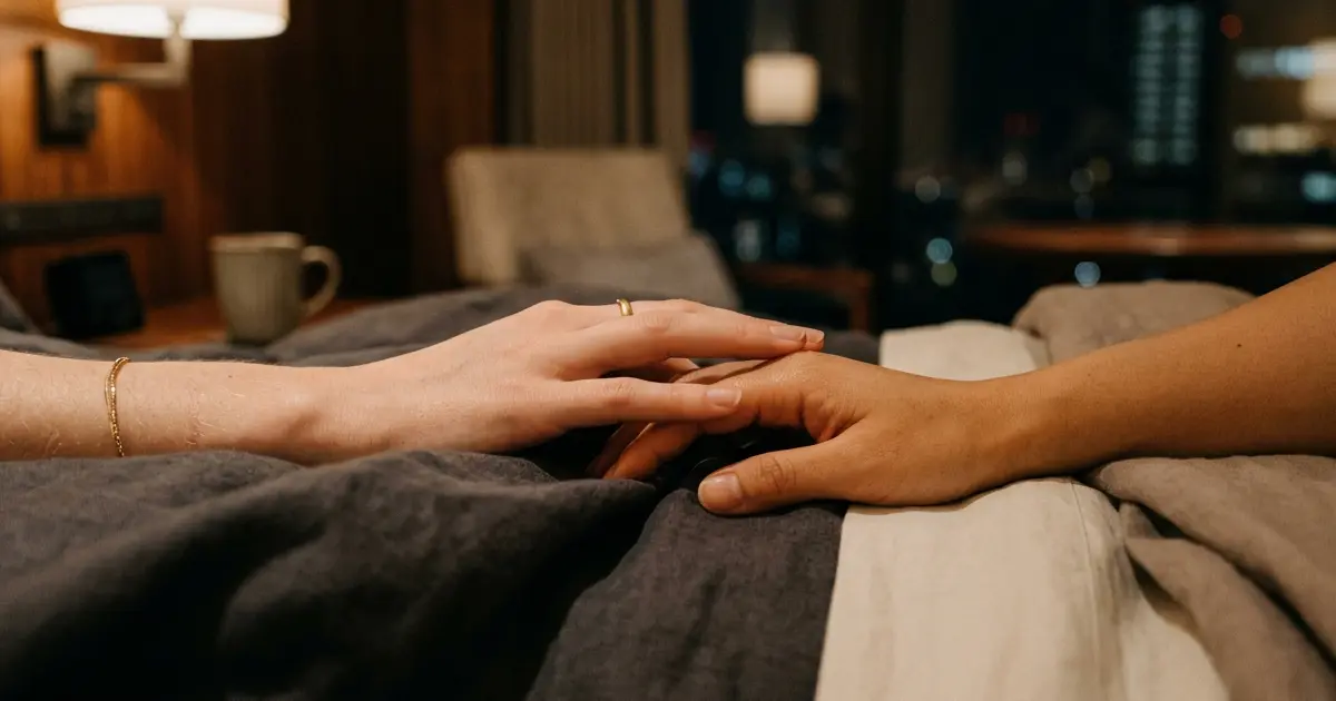 Two hands gently touching in soft warm light