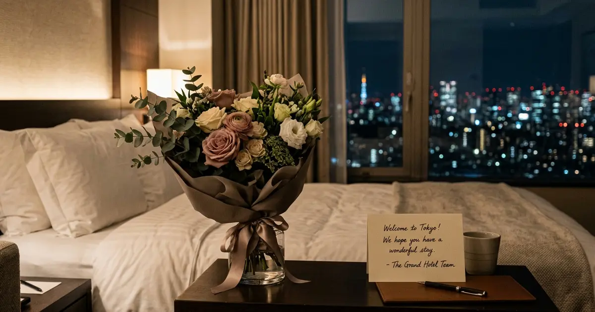 Bouquet and a message card prepared in a hotel room