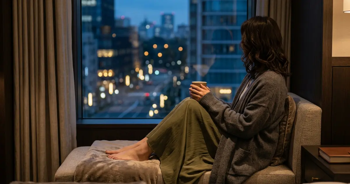 Wife relaxing by the hotel window on her gifted day off