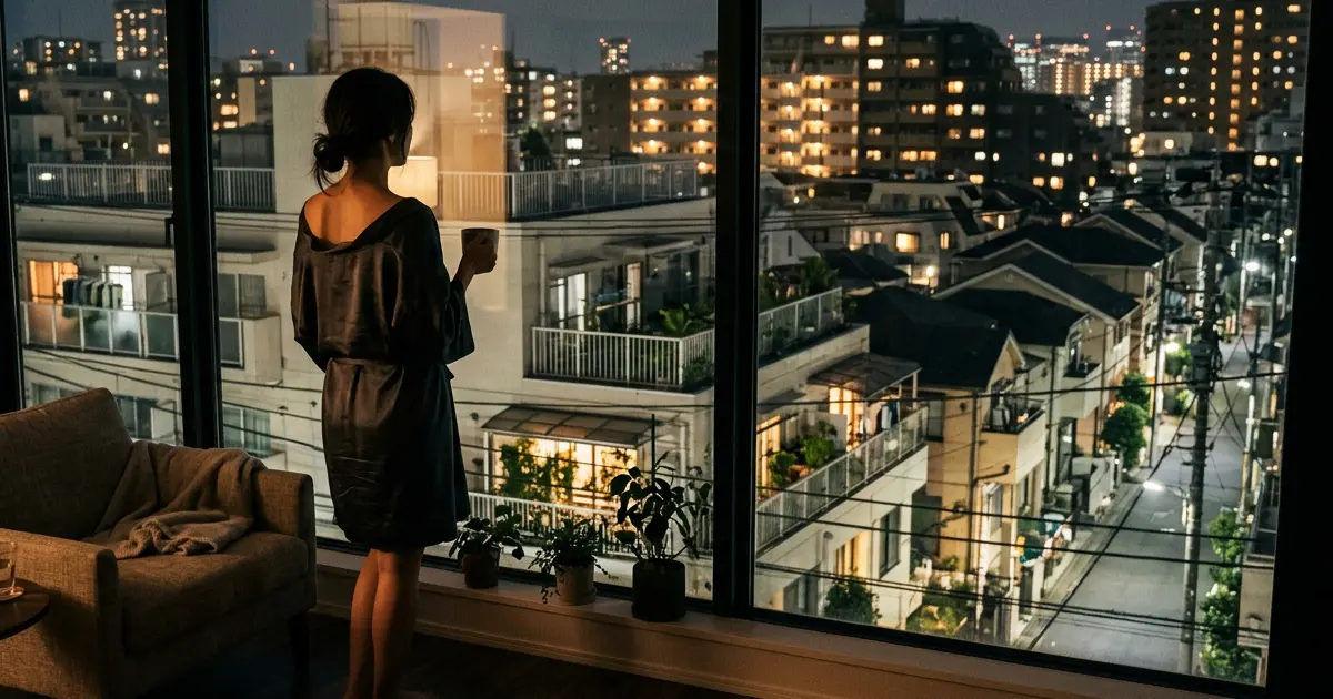 Tokyo residential street at night with lit windows