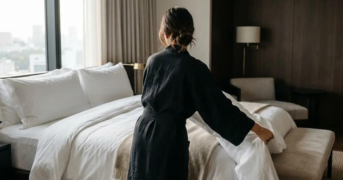 Woman making the bed in soft morning light