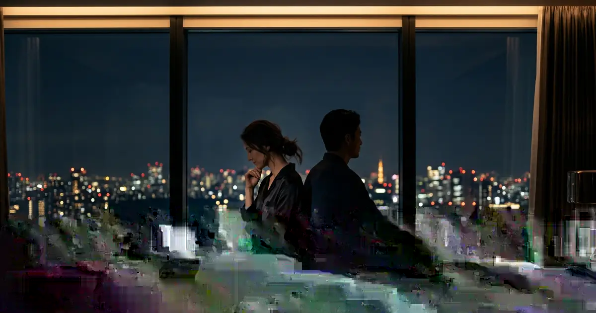 Married couple sitting back to back in a bedroom overlooking the Tokyo night