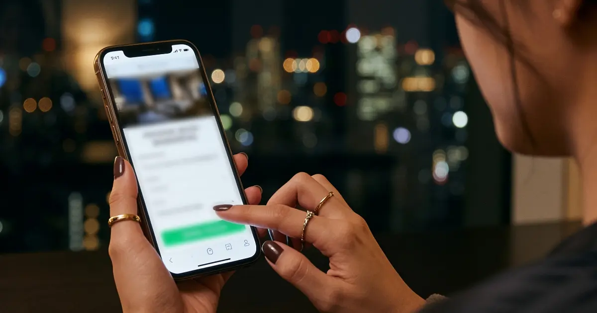 Hands booking an appointment on a smartphone in English