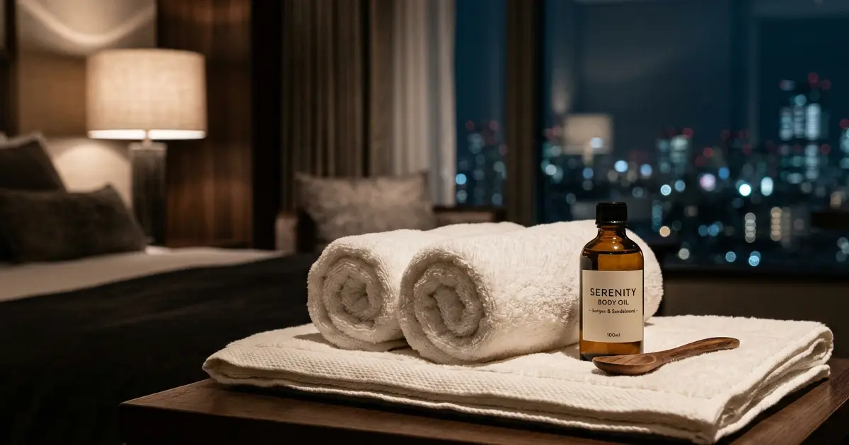 Massage towels and oil prepared in a hotel room