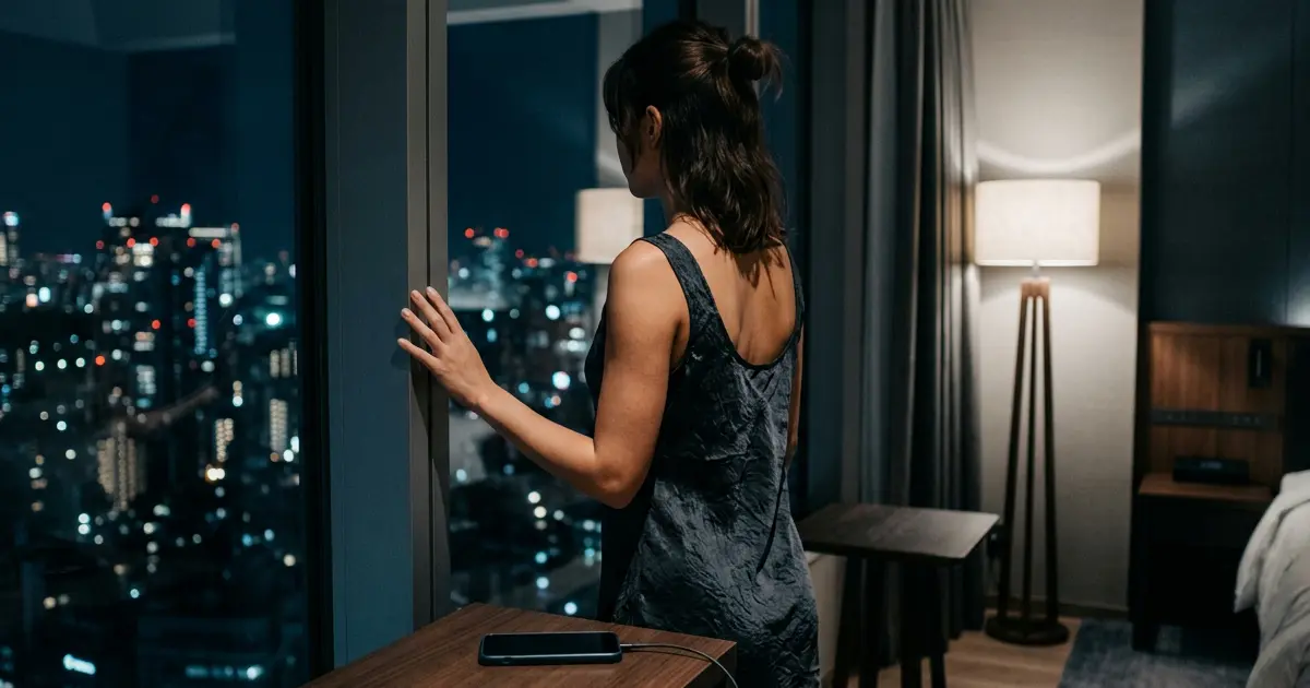 Woman looking out the window at night, phone set aside