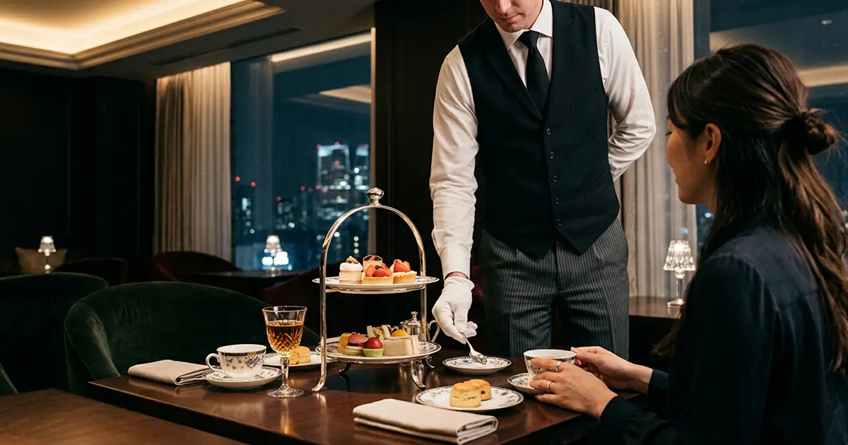 Elegant tea set and sweets at a butler cafe