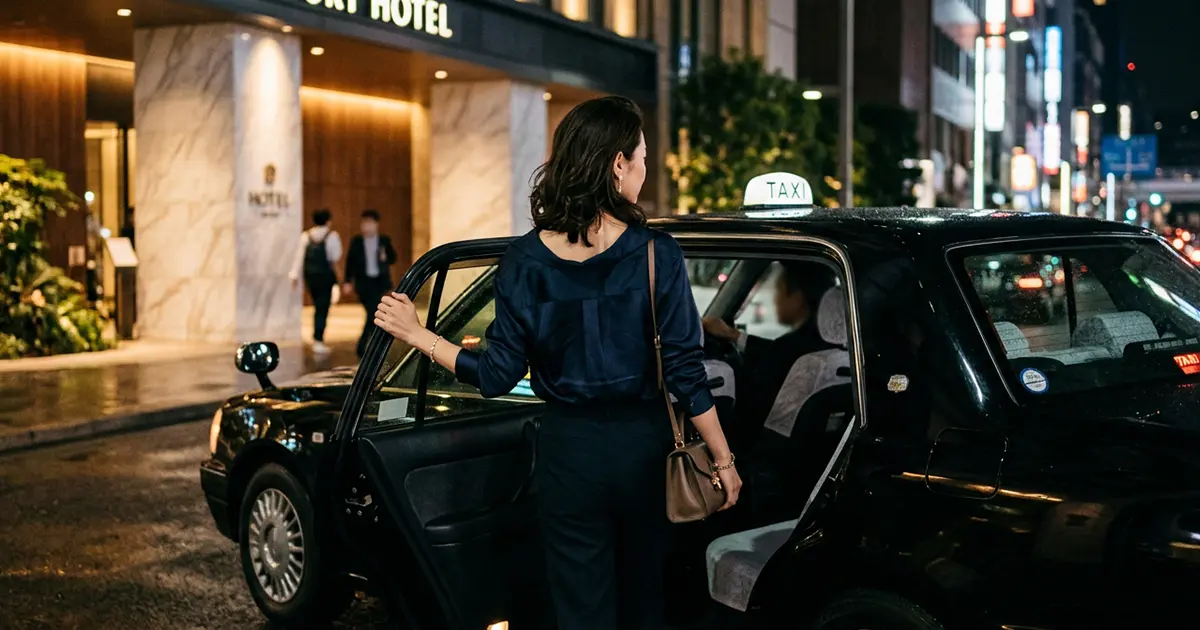 Woman getting into a taxi at night