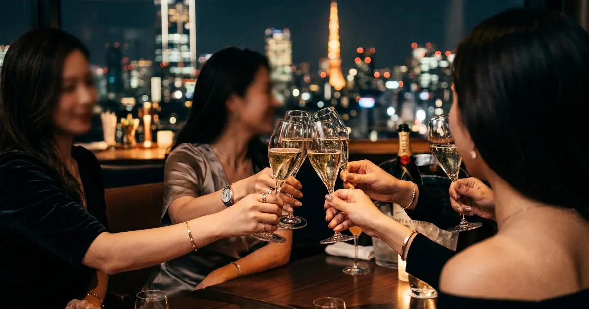 Women raising glasses against the Tokyo night skyline