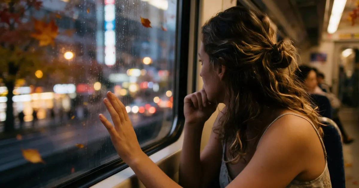 Blurred city scene through a train window