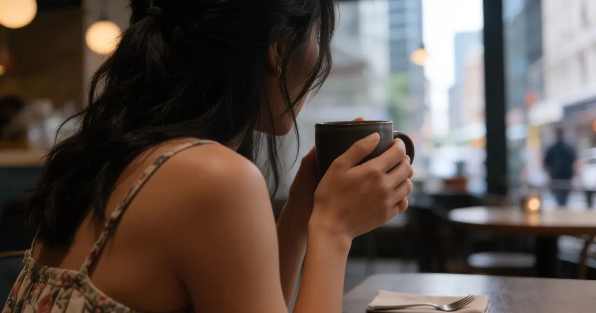 Woman warming her hands around a mug in a cafe