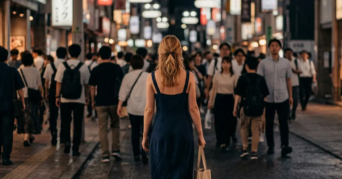 Woman standing alone in a Tokyo crowd