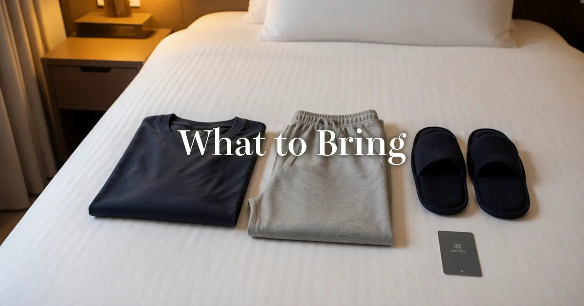 Comfortable clothes and a hotel key card laid out neatly on a bed